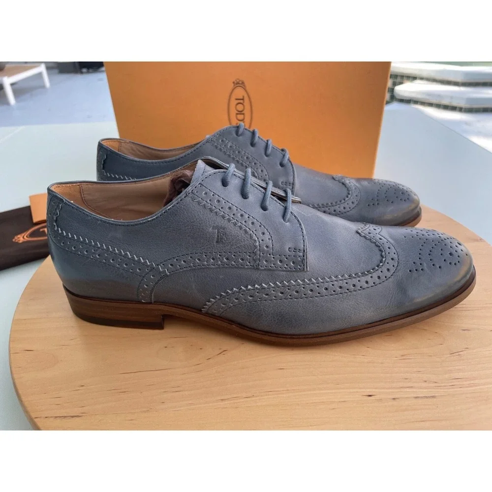 Tod's Men's Derby Bucature Cuoio SY Grey Leather Oxford shoes, Size UK 7 (US 8)